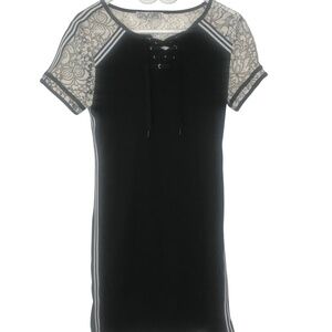 Lace-Up Neck Sheer Sleeves Striped Trim Bodycon Dress Size M